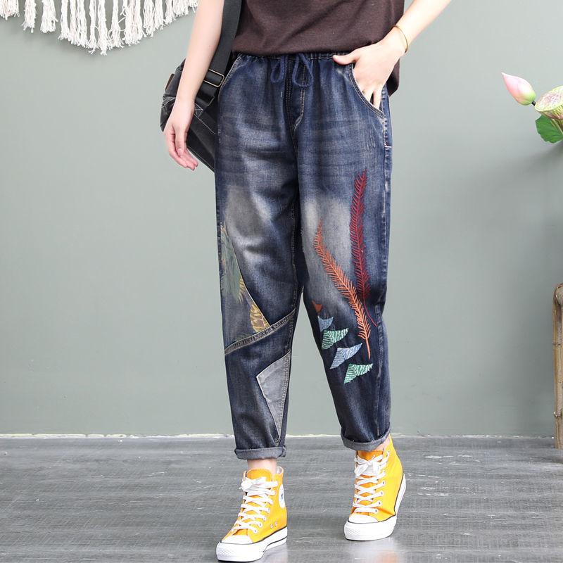 Women's Loose Autumn Denim Pants Elastic Waist Casual Plus Size Retro Patched Embroidered Harem Jeans