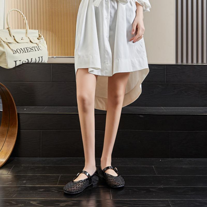Sheepskin Mary Jane Shoes Casual Shoes Hollow Mesh Breathable Leather Shoes Flat-soled Shallow-mouth Women's Shoes