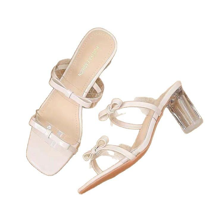 Bow Transparent Crystal New Fashion 2025 Spring Sweet Pink Cool Slippers Open-toed High-heeled Half Slippers Women