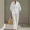 2026 European and American Cross-border Women's Clothing Casual Loose Breathable Solid Color Button-up Shirt Top Wide-leg Pants Set Summer