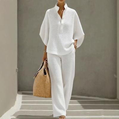 2026 European and American Cross-border Women's Clothing Casual Loose Breathable Solid Color Button-up Shirt Top Wide-leg Pants Set Summer