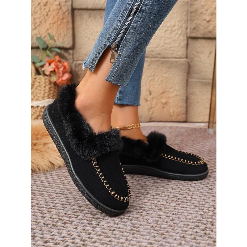 Women's Plus Size Furry Cuff Flat Cotton Shoes Autumn Winter Fleece Lined Warm Slip on Shoes