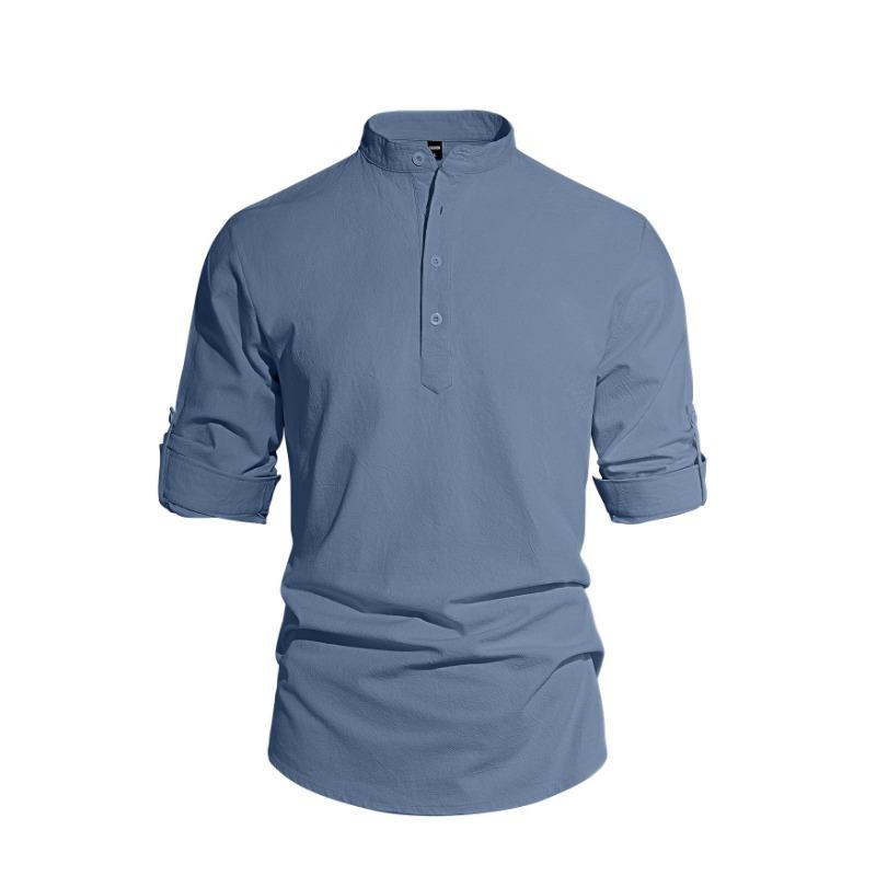 Spring New Men's Solid Color Stand Up Collar Long Sleeved Cotton and Linen Fashionable Casual Top