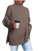 Autumn Winter Women's High Neck Oversized Pullover Split Long Sleeve High Neck Ribbed Knit Sweater Luxurious Relaxed-fit Slimming and Versatile Top