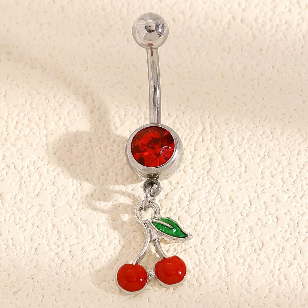 Stylish Fruit & Flower Enamel Belly Button Ring with Rhinestones - Cute Stainless Steel Piercing Accessory for Girls
