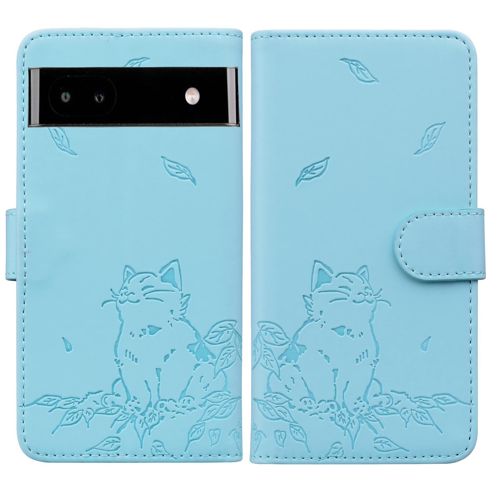 

For Google Pixel 7a Case Wallet Cat Pattern Imprinted Leather Phone Cover Sky Blue
