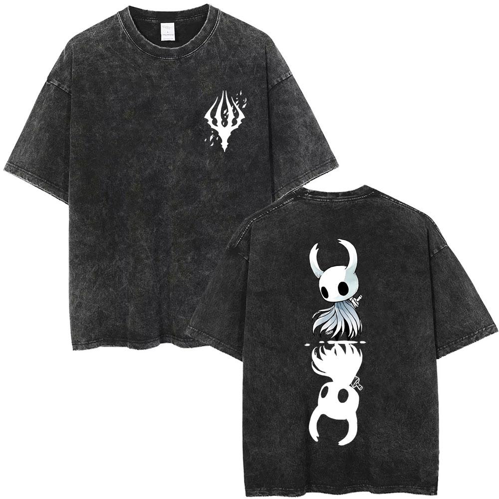 Game Hollow Knight Print Washed Tshirt Men Women Fashion Casual Cotton Tshirts Unisex Vintage Oversized Short Sleeve T Shirts