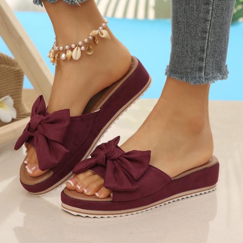Women's Summer Wedge Thick-Soled Peep-Toe Bow Slide Sandals, Beach Casual Footwear, Available In Large Sizes.