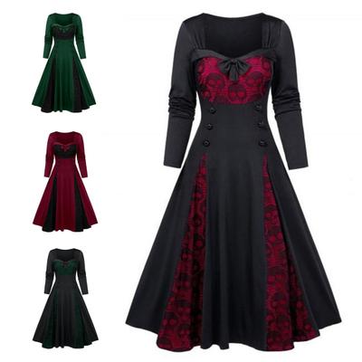 Bankettkleid Schleife Knopf Kontrastfarbe Punk-Stil Spitzenkleid zum Ausgehen Stickerei Schwingend