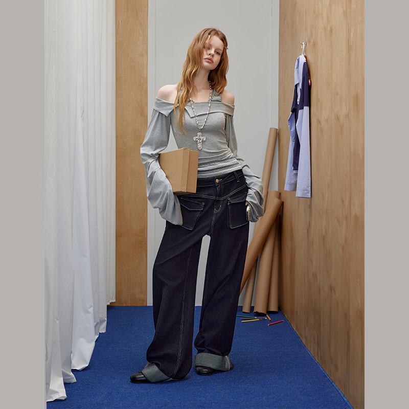 UNIFREE Women's Korean Style Off-Shoulder Faux Two-Piece T-Shirt