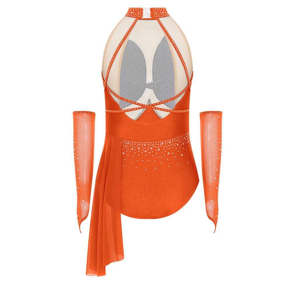 Costum Patinaj Artistic Fete Design Spate Decupat Strassuri Sclipitoare Plasă Transparentă Fustă Asimetrică