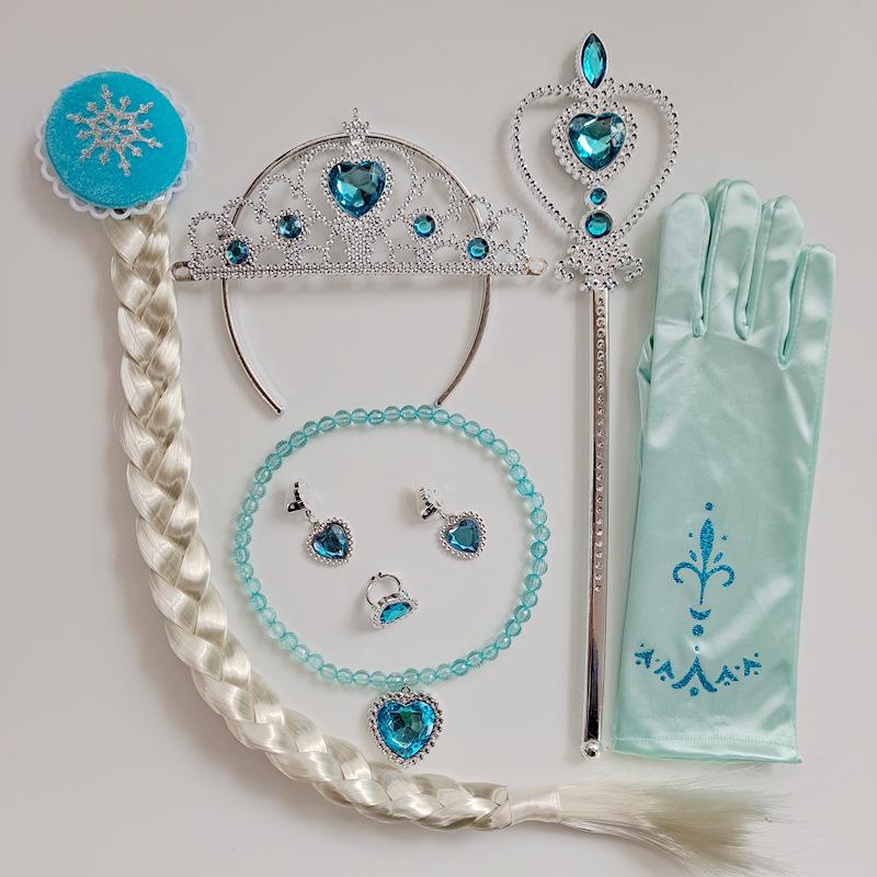 Kostümset zum Thema Die Eiskönigin: Krone, Zauberstab, Zöpfe, Halskette, Ohrringe und Handschuhe für Weihnachten & Halloween