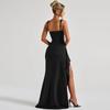 Women's Sexy Square Neck Wide Strap Bodycon Maxi Dress Ruched Waist High Thigh Slit Ruffle Elegant Evening Gown Cocktail Prom Wedding Guest Dress