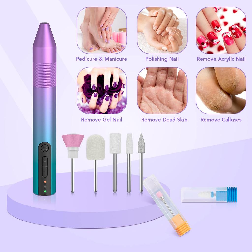 Cordless Electric Nail Drill, Rechargeable Nail Drill Machine for Acrylic Gel Nails, Portable Electric Nail File Set with Premium Ceramic Drill Bits