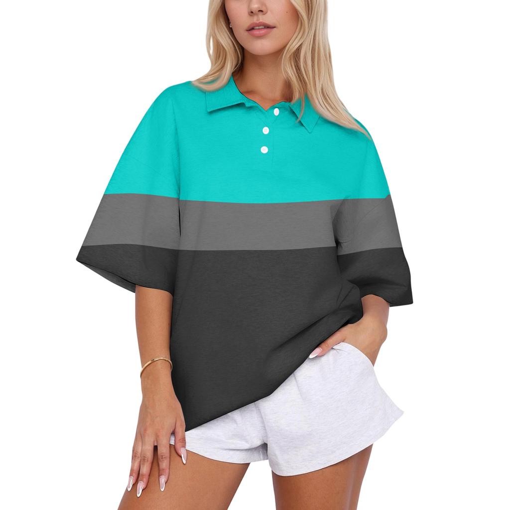 Top Casual da Donna con Colletto a Polo, Vestibilità Larga, Manica Corta, Pullover a Righe, Vestibilità Rilassata, Camicia Leggera per l'Uso Quotidiano