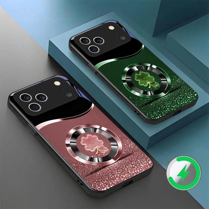 Fioletowy Czterolistny Koniczyna Dla iPhone 16E 15 Pro 14 13 Plus 12 mini 11 15Pro 14Max XR Xs X 8 P lus 16 Dla Magsafe Szklane Etui Na Telefon