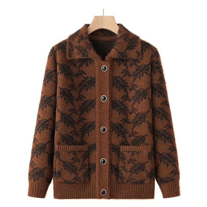 

Женские топы для пожилых и среднего возраста, бабушкин вязаный жакет, свитер для мамы, с длинным рукавом, кардиган на осень-зиму XXXL коричневый