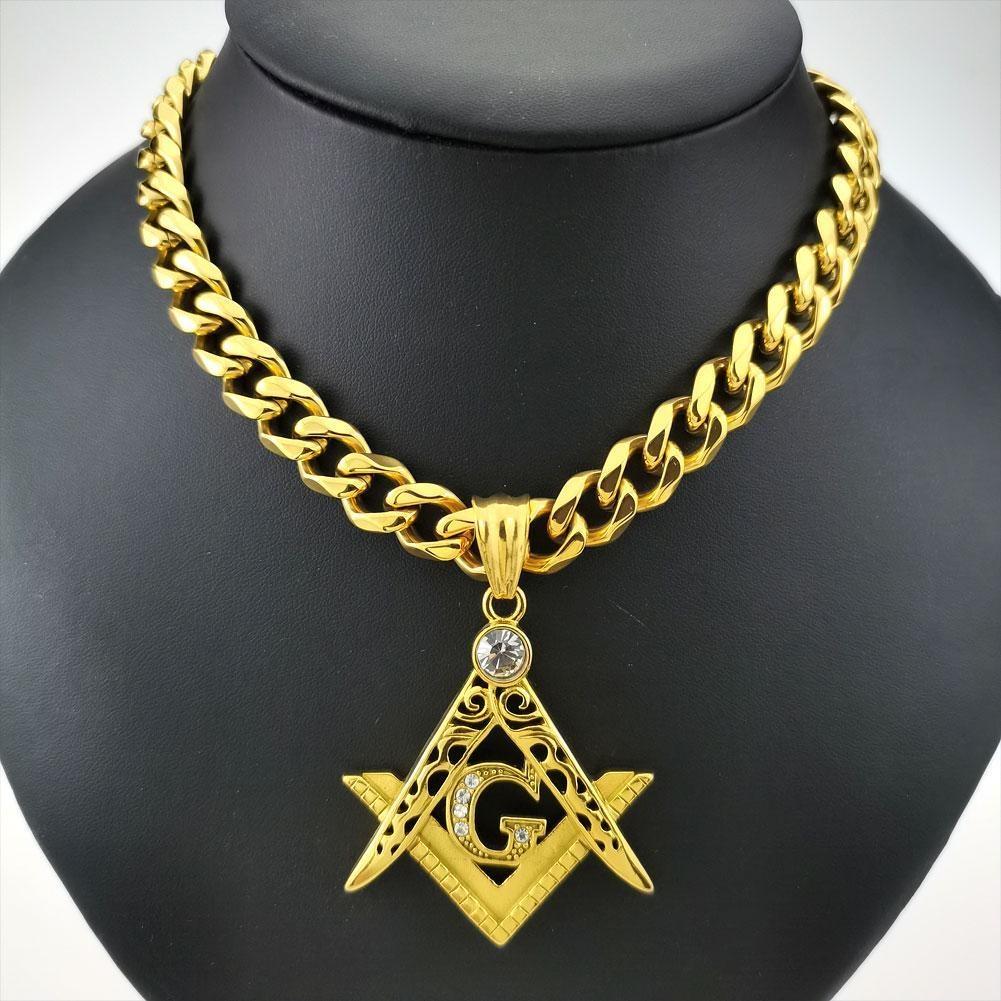 Rhinestone Pendant Necklace 11mm Width Yellow Mens Women Freemasonry Masonic Mason Stainless Steel