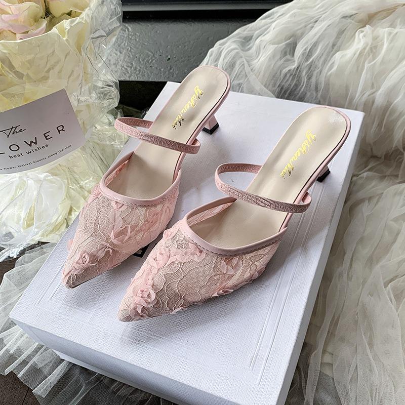 High heels women's spring and summer new bag head half drag temperament pointed lace mesh stiletto slippers women