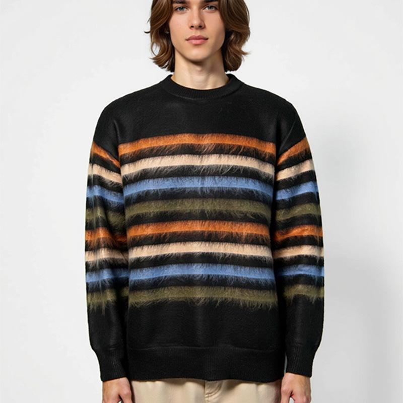 

Мужской утолщенный вязаный полосатый свитер 2025 - Повседневная высококачественная футболка с круглым вырезом 2XL (150-170 jin) чёрный