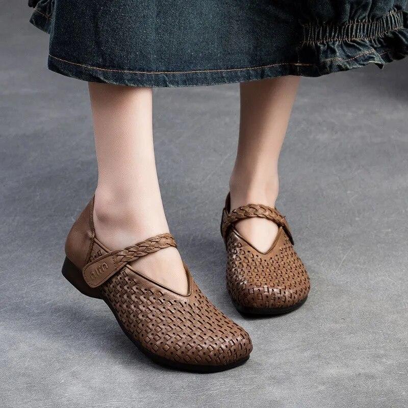 Johnature Bombas Retro Cuero Genuino Suela Suave Gancho y Lazo Cómodos Zapatos de Mujer Versátiles