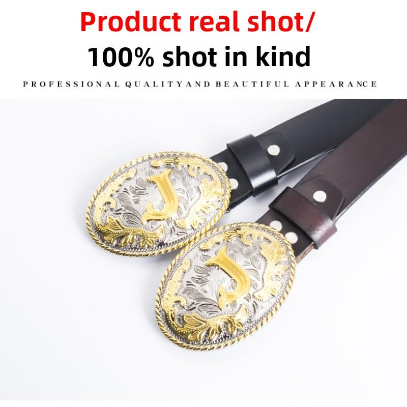 Whole Cowhide Retro Men's Belt Letter M Gold and Silver Two-color Oval Buckle Belt