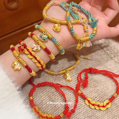 Bracelet Géométrique en Corde de Coton Tressée Style Chinois avec Design de Pièce de Cuivre - Bijou Polyvalent, Tendance et Haut de Gamme