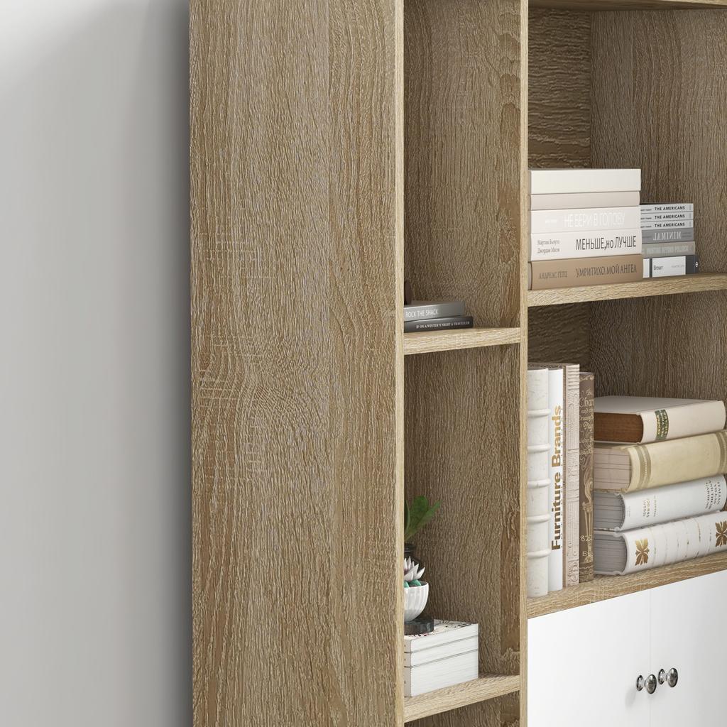 Scandinavian bookcase storage unit dim. 80L x 23.5W x 123H cm 5 open compartments 2-door cupboard tapered slanted legs