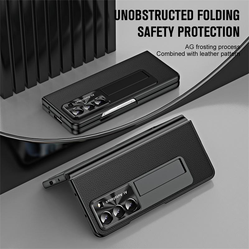 Luxury Plating Leather Lens Protection Kickstand Full Protect Case for Samsung Galaxy Z Fold 8 Ultra 6 5 4 3 With Tempered Glass