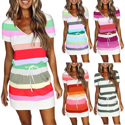 Women's Casual V-Neck Short Sleeve Loose Casual Striped Printed Dress