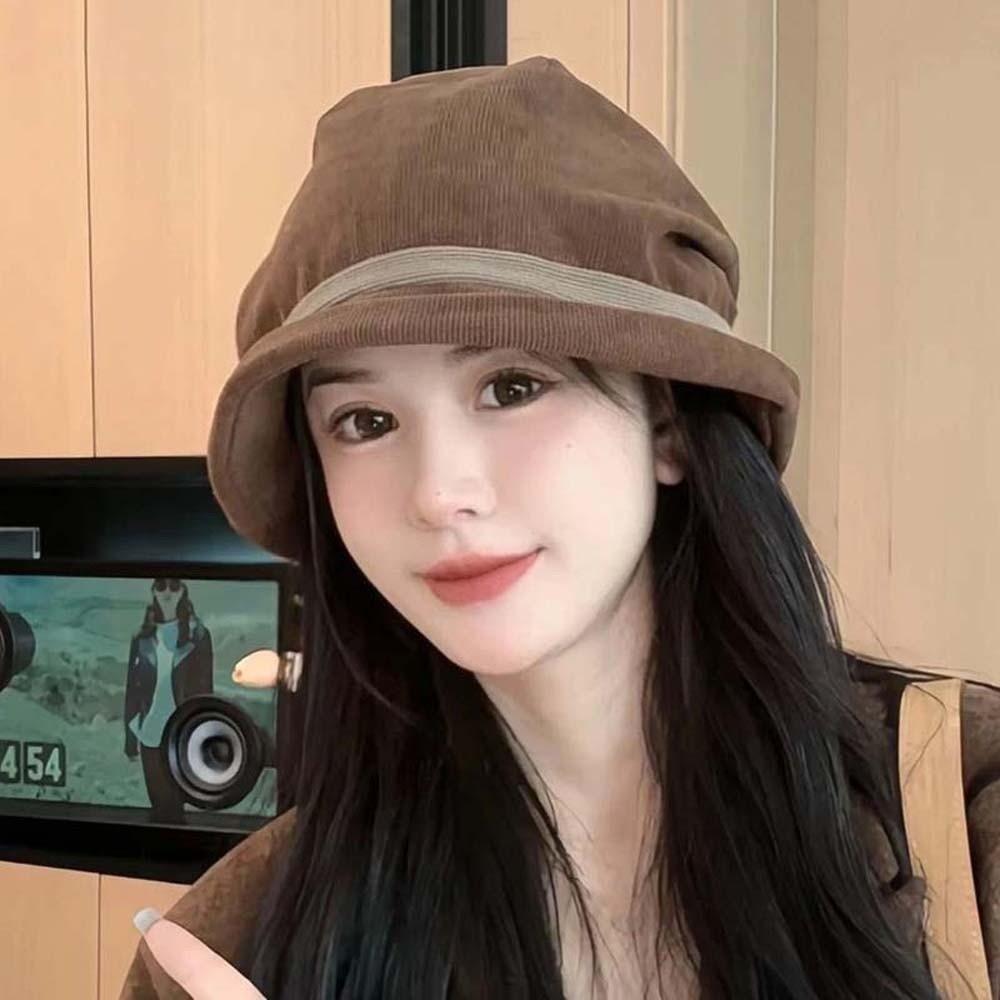 Casquette pull en velours côtelé tempérament Couleur unie Anti-froid Chapeau bob Hiver Chapeau de pêcheur Extérieur