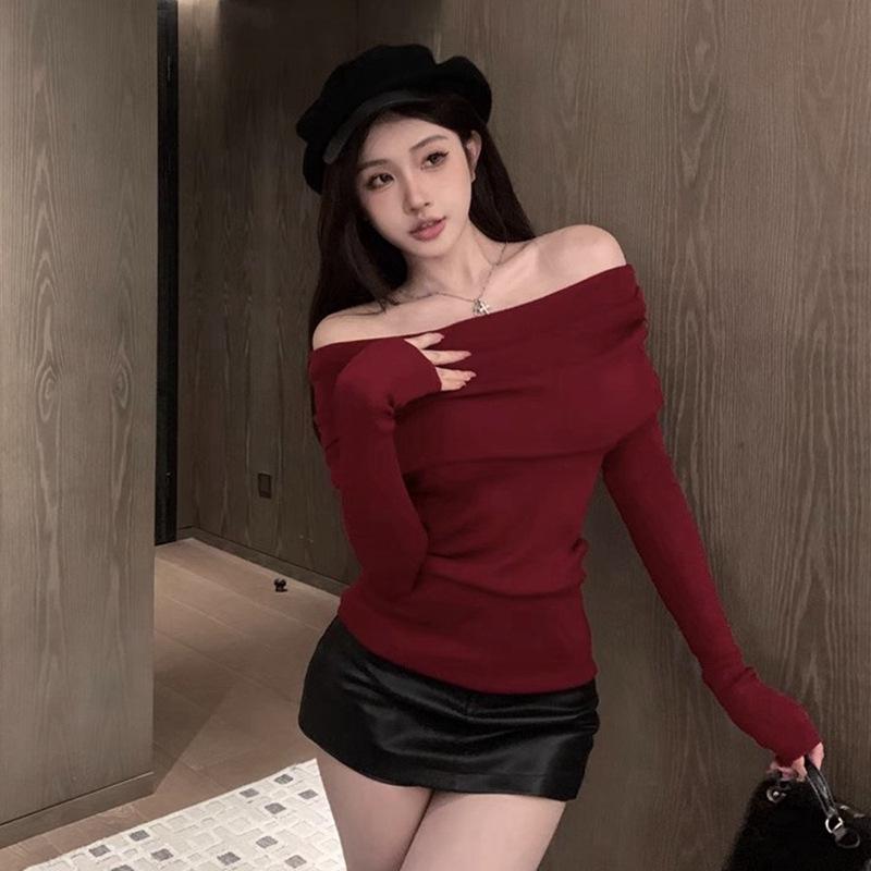 Weinrotes Retro Ein-Schulter Strickpullover Bluse für Damen