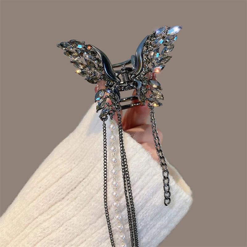 Exquisite Rhinestone Butterfly Fringe Hair Claw Korean New Ponytail Braid Pearl Hair Clip Girl Crab Metal Headdress Gift