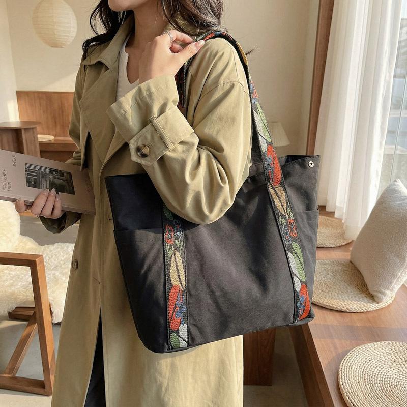 Niche Jacquard Canvas Bag Women'S Large-Capacity Bag Casual Shoulder Tote Bag Messenger Commuter Bag