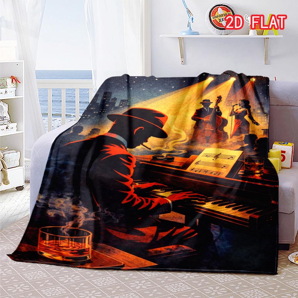 Retro Jazz Piano Player Flannel Blanket, Nightclub Music Silhouette Design Cozy Throw