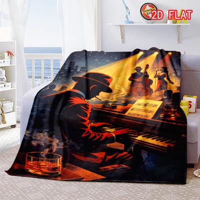 Retro Jazz Piano Player Flannel Blanket, Nightclub Music Silhouette Design Cozy Throw