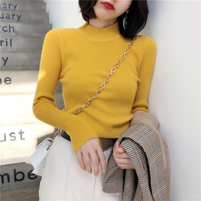 New Autumn Long Sleeve Base Knitted Sweater Women Winter Fashion Half High Collar Pullover Women Sweaters Vintage Slim Fit Solid Casual Knitwear 24970