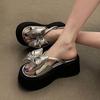 Bow Thick Bottom Heightening Slippers Women's Summer Wear Fashion Fairy Style 2025 New One Word Internet Celebrity Sandals