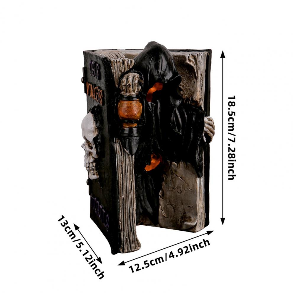 Halloween Deko Schädel Buch Statue mit Sensenmann Spinnennetz Figur für Halloween Heimdeko Gruseliger Harzschädel Tischdeko