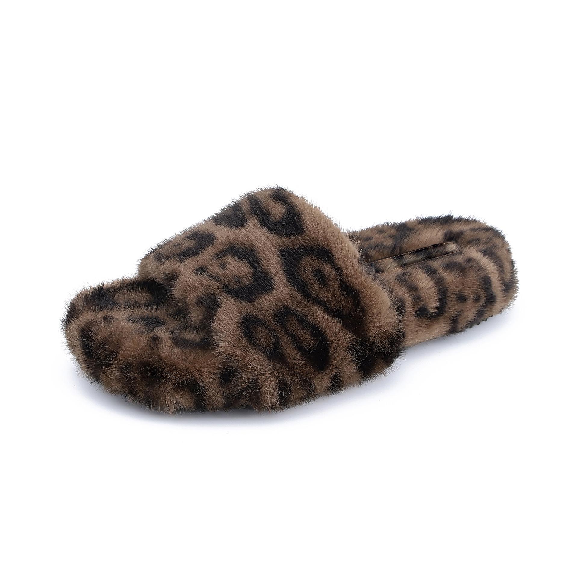 

Winter new one-word platform slippers women s leopard print fluffy shoes women wear fashionable Internet celebrities with warm shoes 35