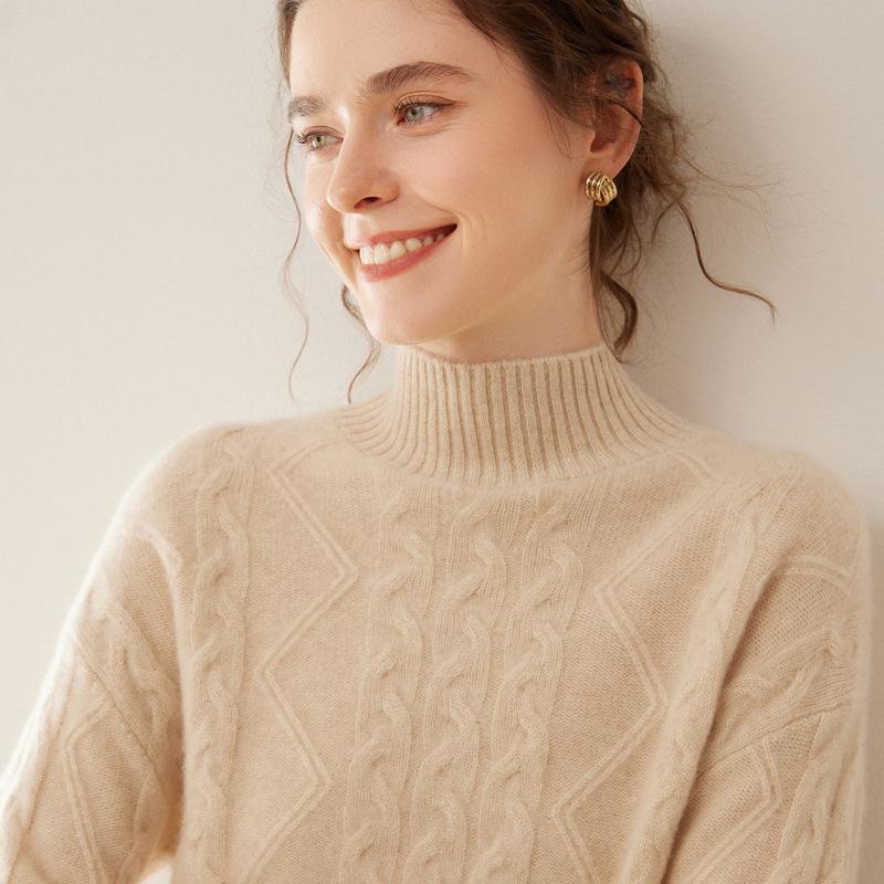 2025 Autumn-Winter Women's Retro Cashmere Cable Knit Sweater, Half-High Collar, Loose Slim Fit