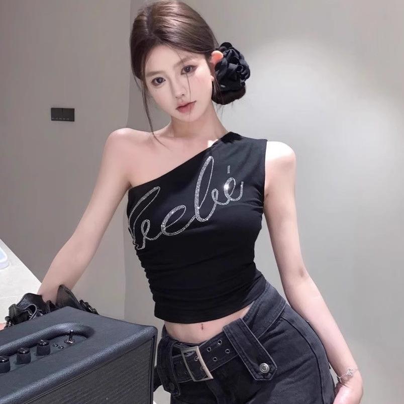 Pure & Sexy Rhinestone One-Shoulder Crop Top - Slimming Summer Tank for Women