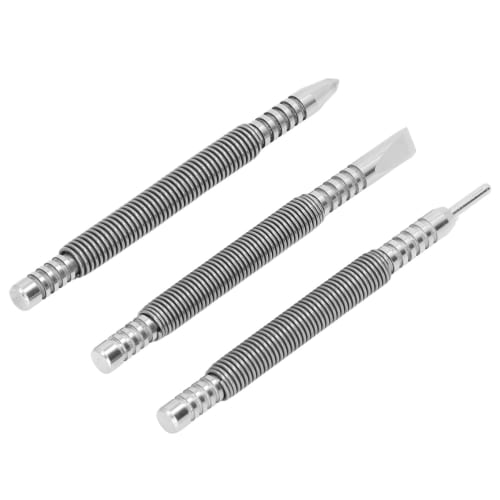 Set of 3 Spring Nails, Spring-Loaded Nails, Carbon Steel Spring-Loaded Design, 3500 PSI Shock Nail Set & Counterpunch for Wood, Metal, and Glass