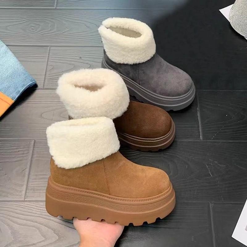 Dicke Sohle, erhöhend, Schneestiefel für Damen, Winter, neu, vielseitig, flauschig, Leder, kurze Stiefel, gefüttert und verdickt, warme Baumwollschuhe