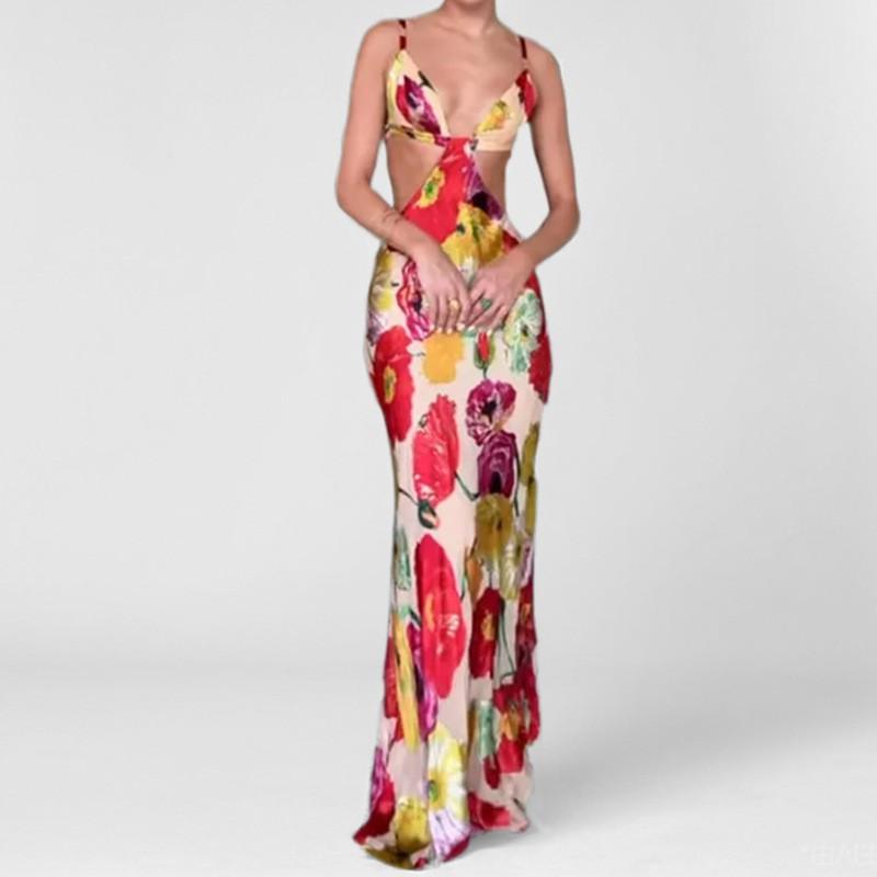 2026 Womens Elegant Casual Printed Wrap Waist Slim Fit A-Line Maxi Dress Sleeveless High