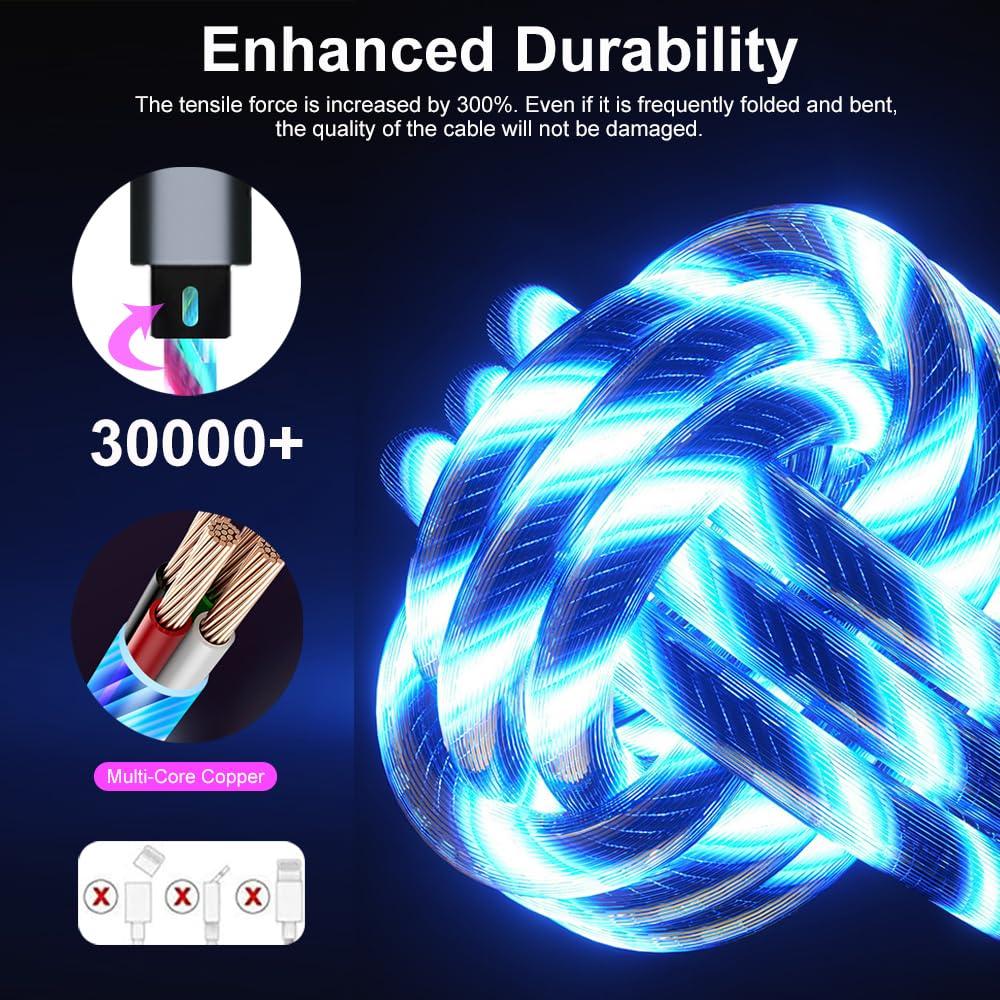 Cabo de carregamento múltiplo 3 em 1 com luz LED colorida USB para Tipo C/Micro USB/Lightning, cabo de carregamento rápido USB para iPhone e Samsung