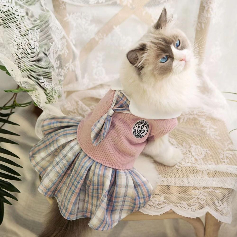 Bowtie Pet Cat Dress Polyester Spring Pet Clothes New Puppy Plaid Skirt  Spring Season