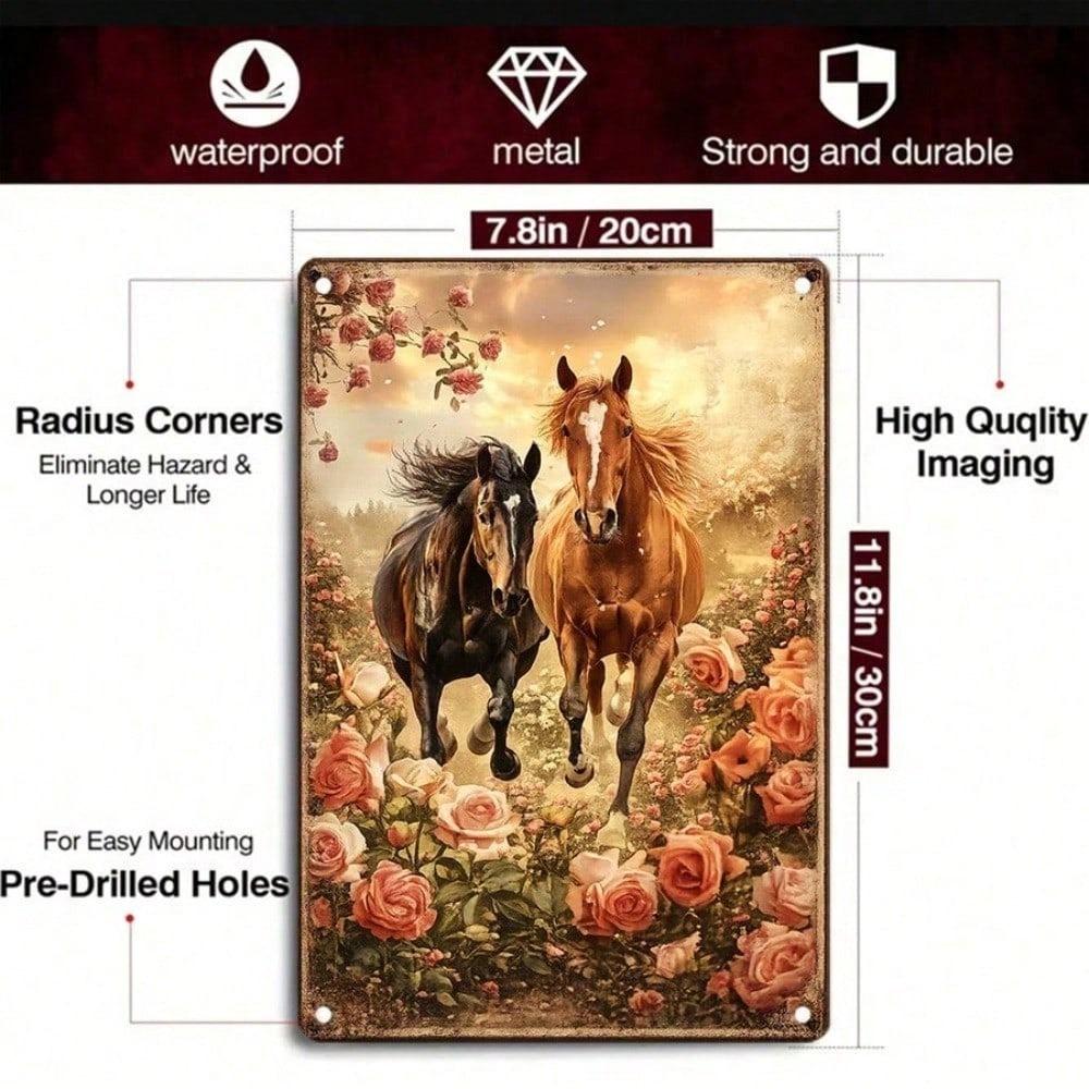 1pc Retro 2D Flat Tin Sign Two Horses in Floral Field 12x8in Vintage Metal Wall Decor for Living Room Kitchen Garden Outdoor