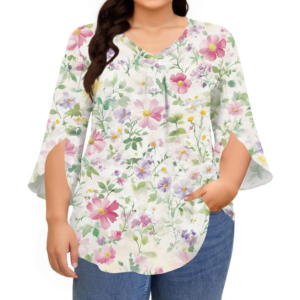 Women's Prined V-neck Plus Size Tops 3/4 Sleeves Elegant Shirt Tops