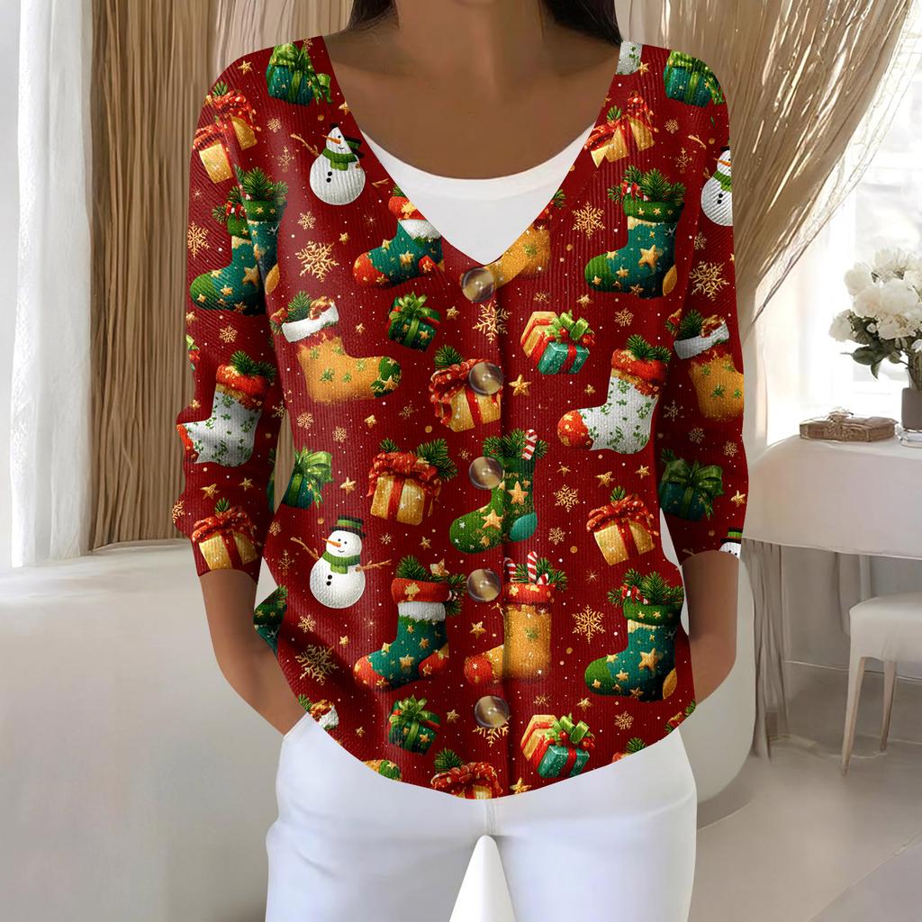 Women's Fashion Long Sleeve Christmas Snowman Snowflake Print Jacket Cardigan